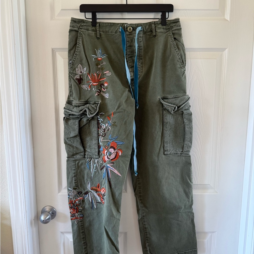 Free People Green Cargo Jumpsuit with Floral Embroidery